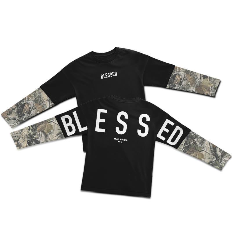 Blessed Matthew 5:3-12 Dead Leaves Camouflage Patchwork Print Layered-style T-shirt  - Black - 5XL - image 2