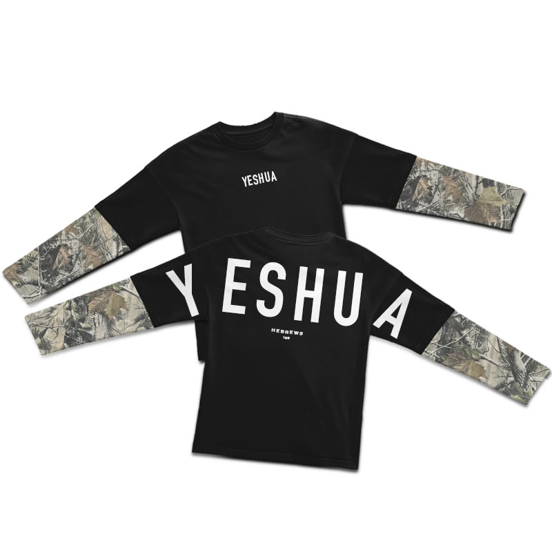 Yeshua Hebrews 13:8 Dead Leaves Camouflage Patchwork Print Layered-style T-shirt  - Black - 5XL - image 2