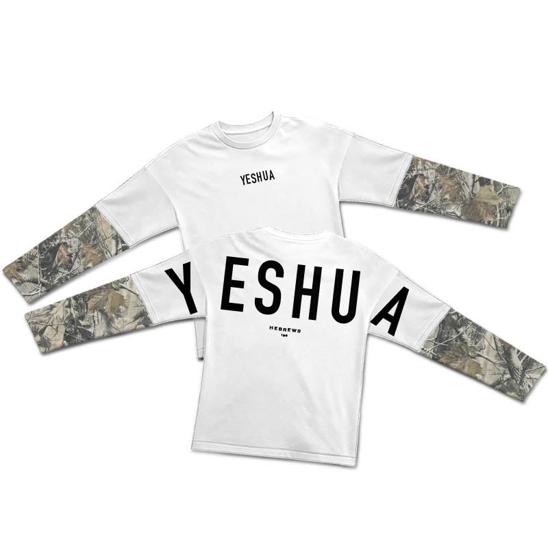 Yeshua Hebrews 13:8 Dead Leaves Camouflage Patchwork Print Layered-style T-shirt  - White - 5XL - image 1