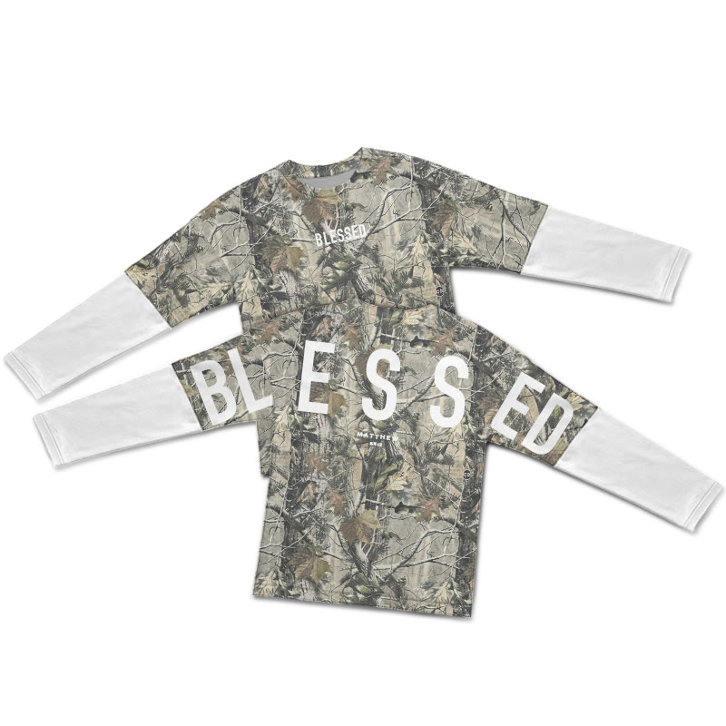 Dead Leaves Camouflage Blessed Matthew 5:3-12 Print Layered-style T-shirt  - White - 5XL - image 1