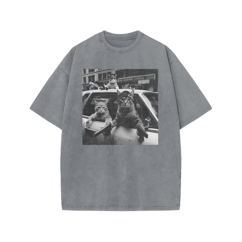 Funny Cat Gang Print Acid Washed T-shirt - Grey - US20-22(3XL) - image 2