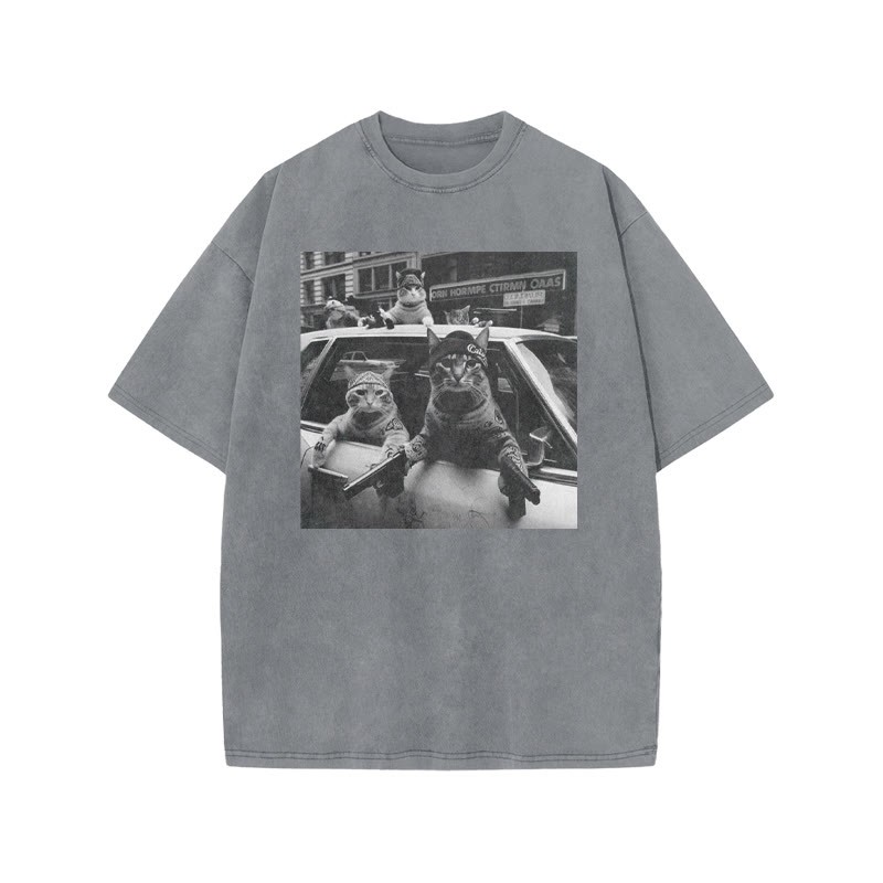 Funny Cat Gang Print Acid Washed T-shirt - Grey - US20-22(3XL) - image 2