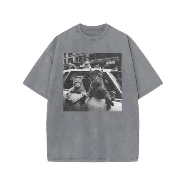 Funny Cat Gang Print Acid Washed T-shirt - Grey - US20-22(3XL) - image 2