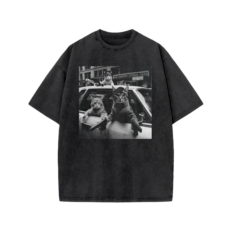 Funny Cat Gang Print Acid Washed T-shirt - Black - US20-22(3XL) - image 1