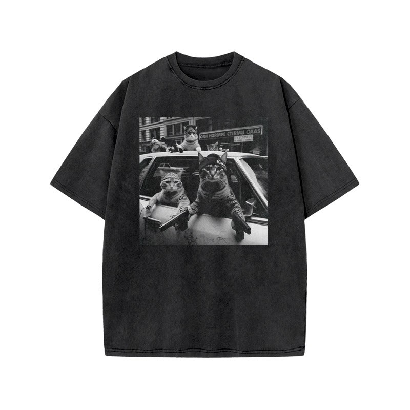 Funny Cat Gang Print Acid Washed T-shirt - Black - US20-22(3XL) - image 1