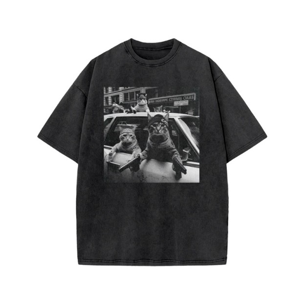 Funny Cat Gang Print Acid Washed T-shirt - Black - US20-22(3XL) - image 1
