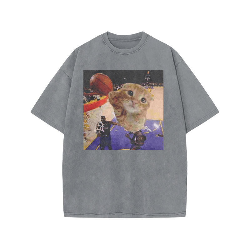 Orange Cats Playing Basketball Print Acid Washed T-shirt - Grey - US20-22(3XL) - image 2