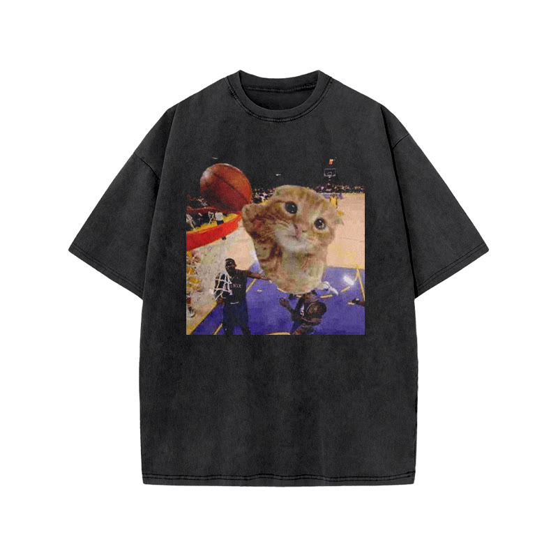 Orange Cats Playing Basketball Print Acid Washed T-shirt - Black - US20-22(3XL) - image 1