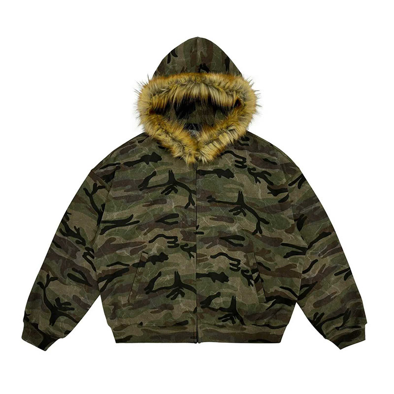 Camouflage Print And Faux Fur Collar Loose-fit Hoodie - Green - US16-18(2XL) - image 2