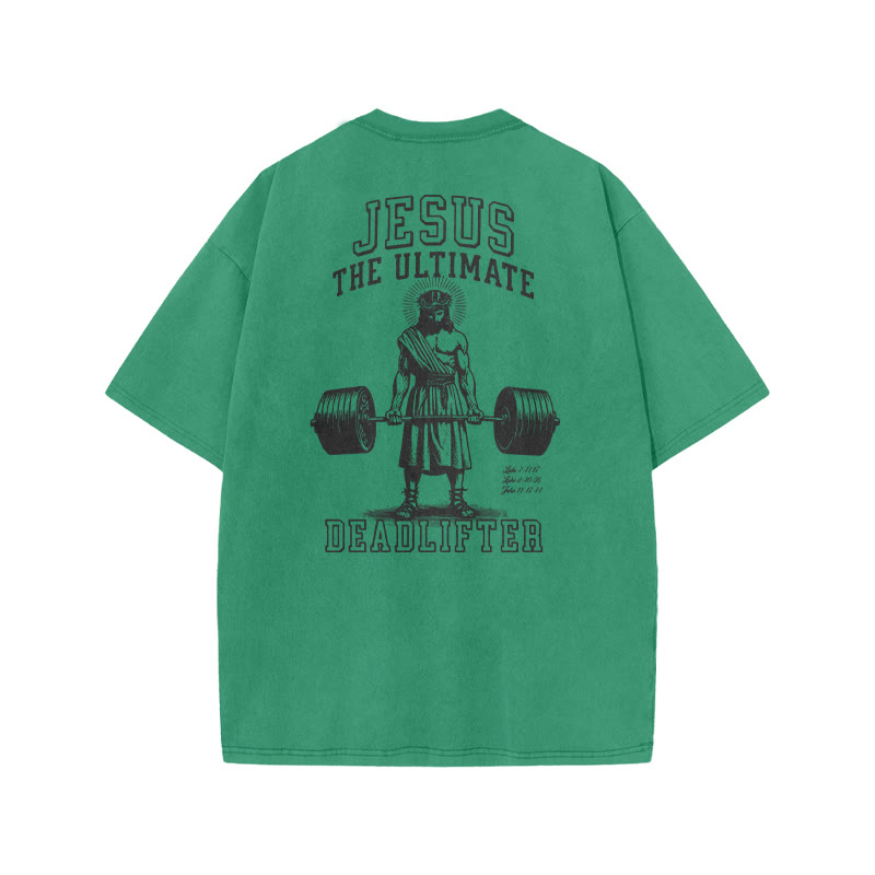 Jesus The Ultimate Deadlifter Print Acid Washed T-shirt - Green - US20-22(3XL) - image 6