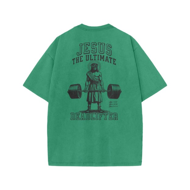 Jesus The Ultimate Deadlifter Print Acid Washed T-shirt - Green - US20-22(3XL) - image 6
