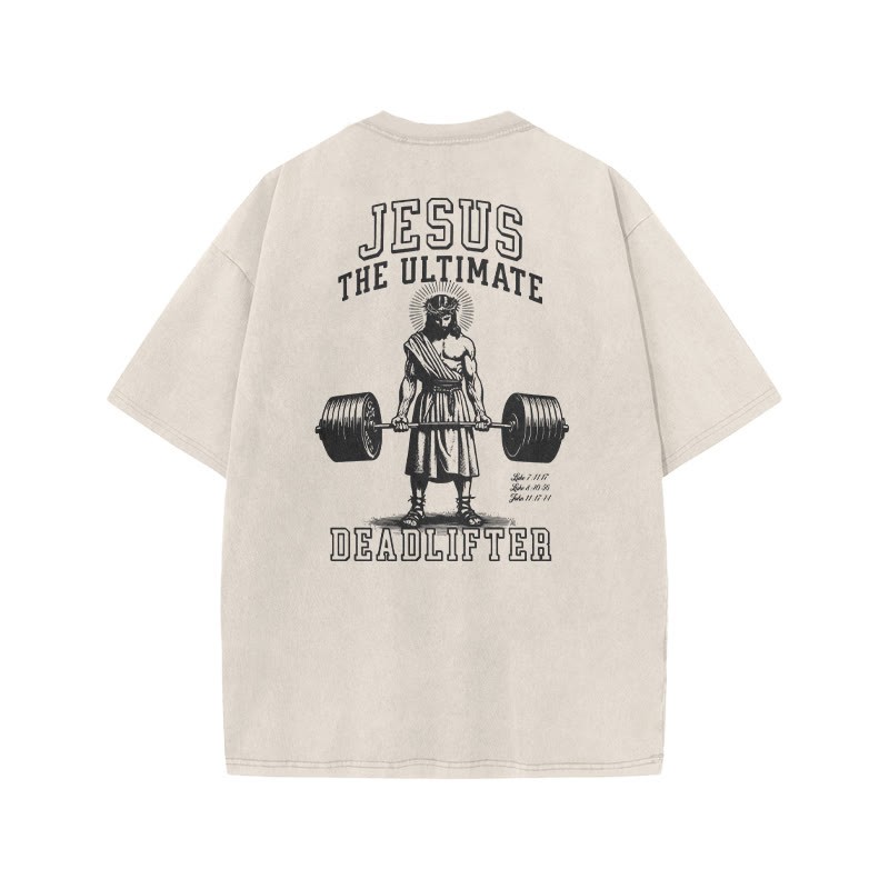 Jesus The Ultimate Deadlifter Print Acid Washed T-shirt - Beige - US20-22(3XL) - image 2