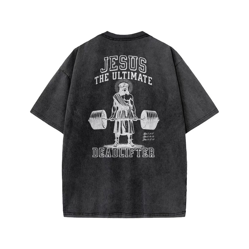 Jesus The Ultimate Deadlifter Print Acid Washed T-shirt - Black - US20-22(3XL) - image 1