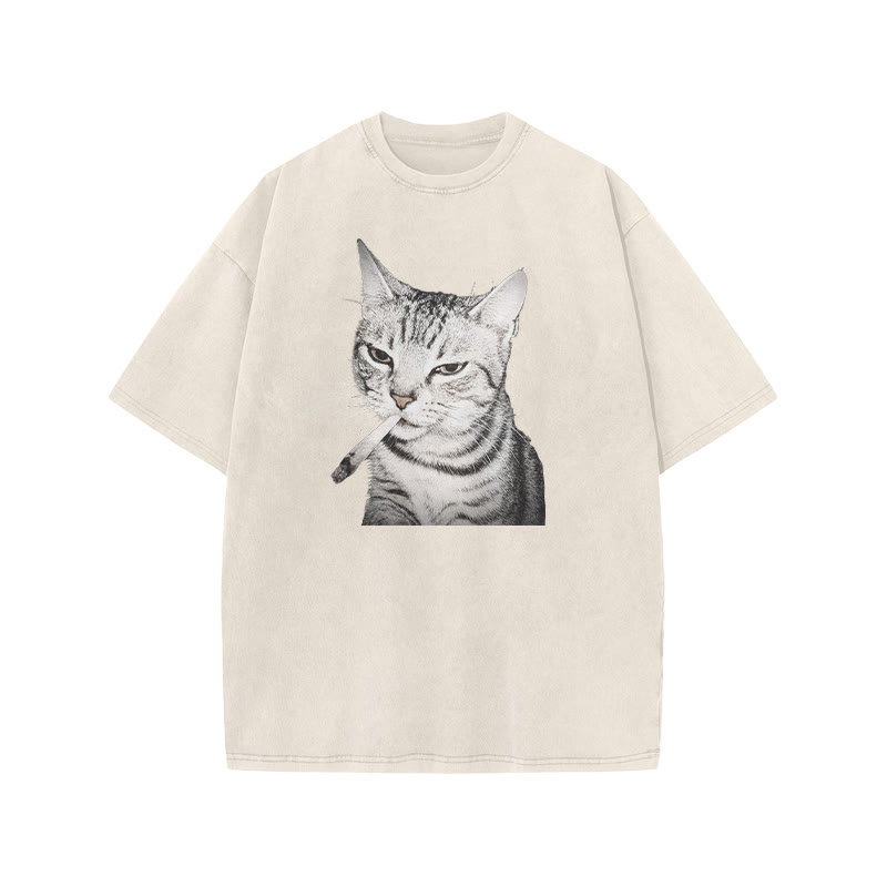 Tabby Cat With A Cigarette In Its Mouth Print Acid Washed T-shirt - Beige - US20-22(3XL) - image 2
