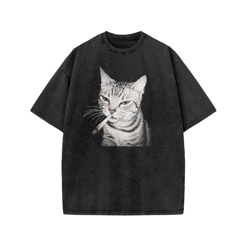 Tabby Cat With A Cigarette In Its Mouth Print Acid Washed T-shirt - Black - US20-22(3XL) - image 1