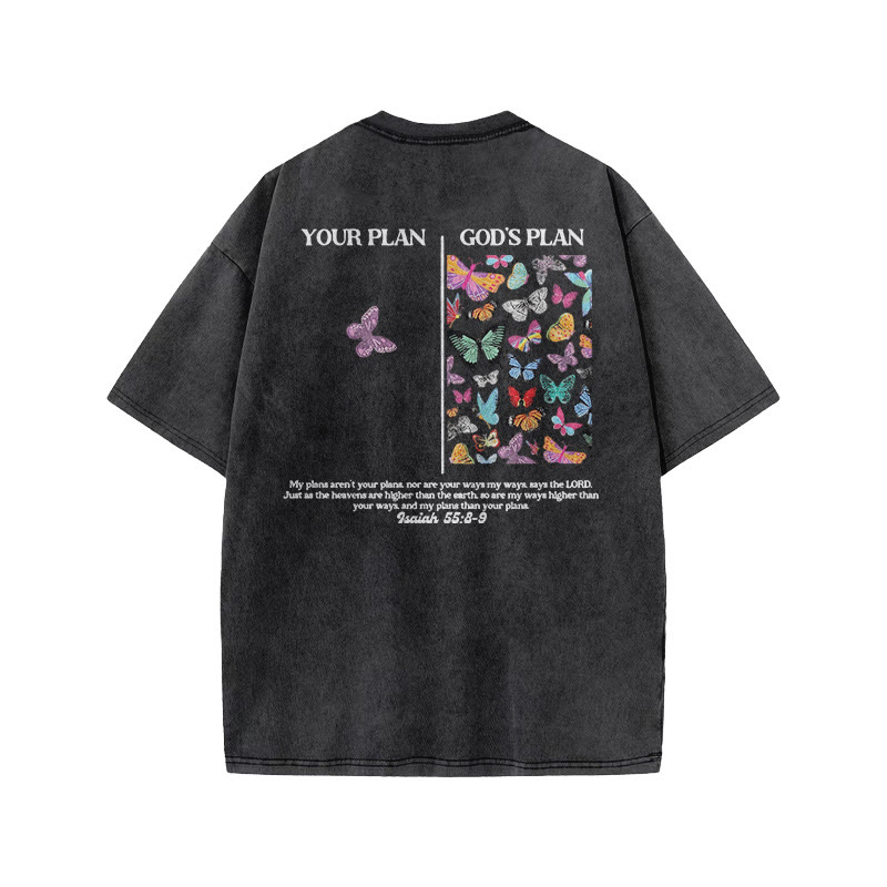 God's Plan Isaiah 55:8-9 Butterfly Print Acid Washed T-shirt - image 1