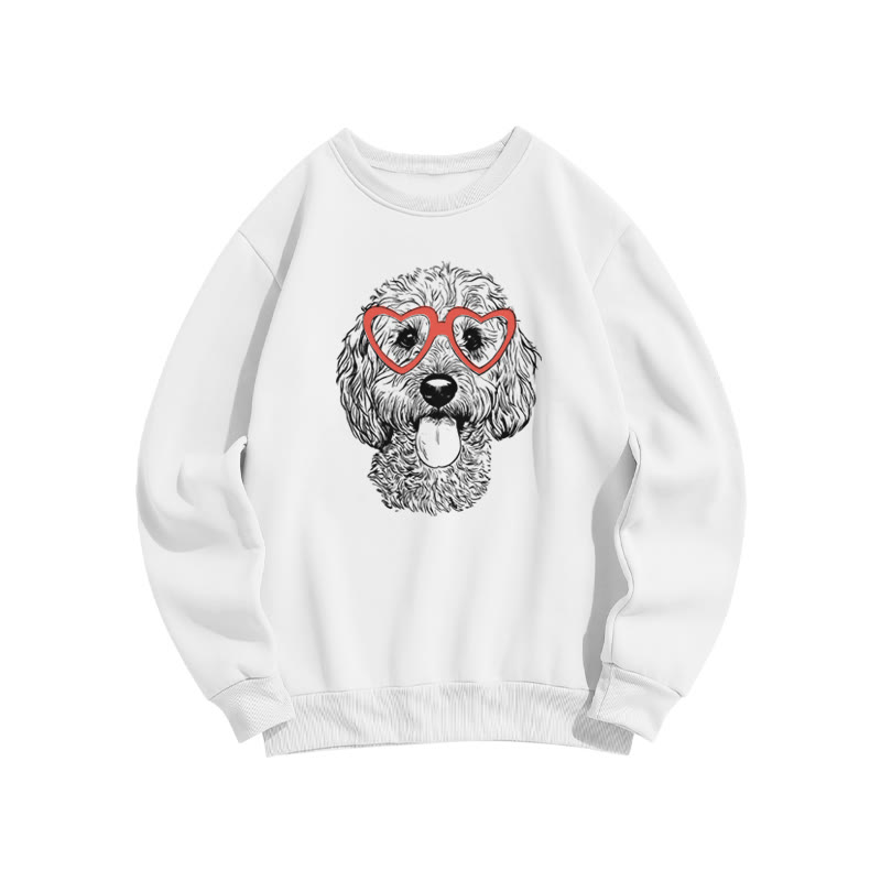 Curly-haired Puppy With Heart-shaped Glasses Valentine's Day Print Sweatshirt - White - US16-18(2XL) - image 2