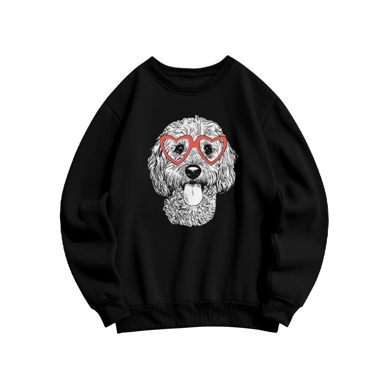 Curly-haired Puppy With Heart-shaped Glasses Valentine's Day Print Sweatshirt - Black - US16-18(2XL) - image 1
