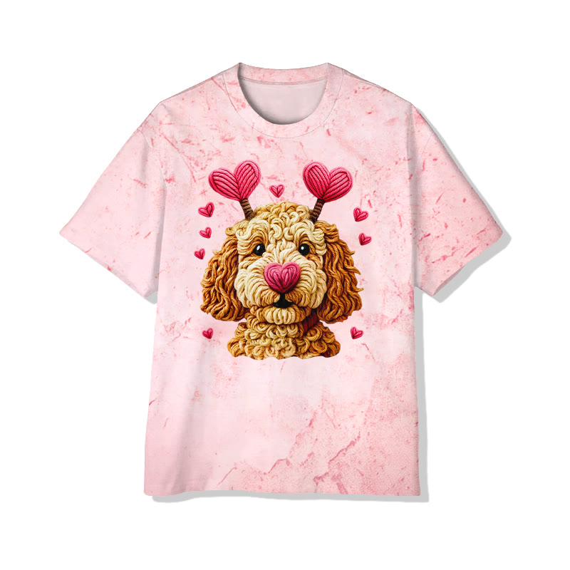 Curly-haired Puppy With Yarn Texture Valentine's Day Print T-shirt - Pink - 8XL - image 1