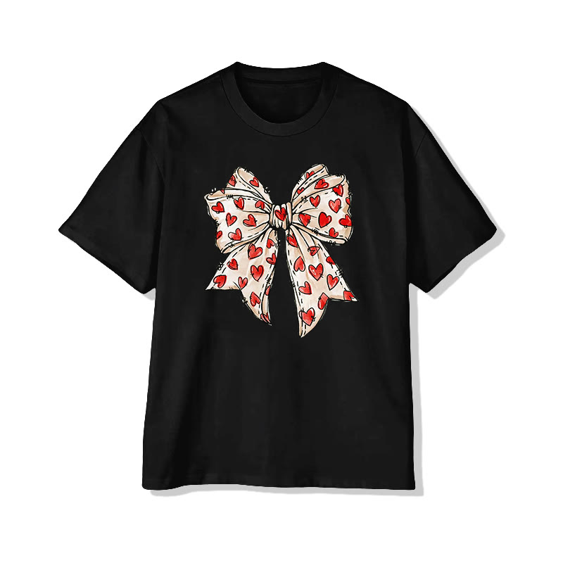 Heart-patterned Bow Valentine's Day Print T-shirt - Black - 8XL - image 2