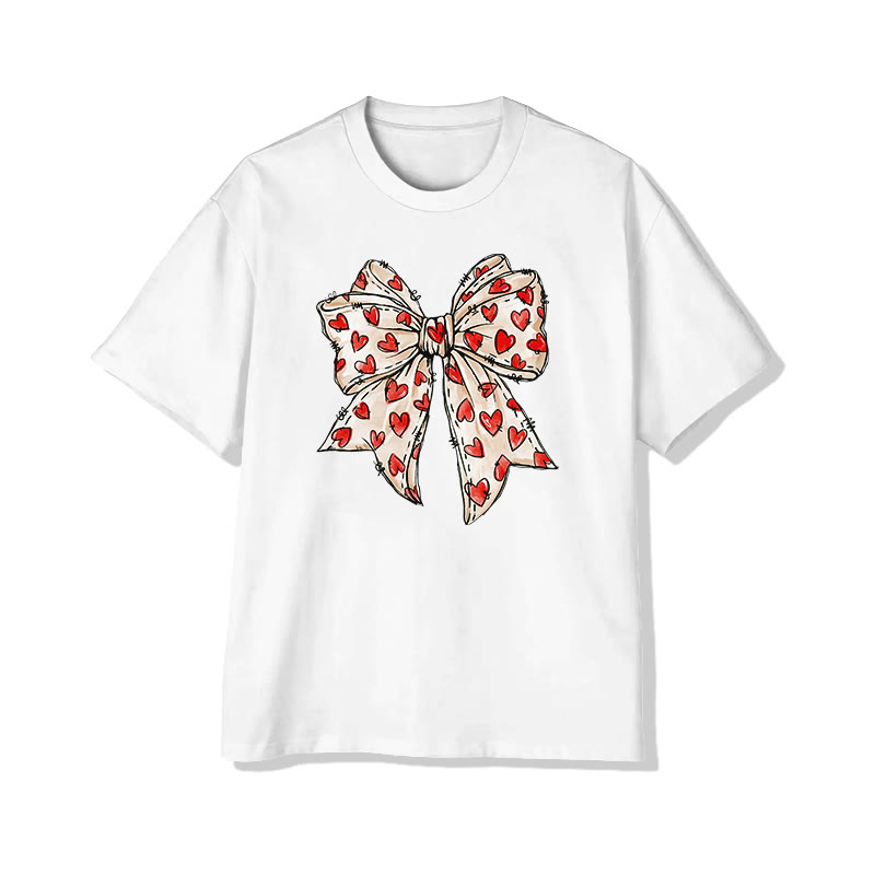Heart-patterned Bow Valentine's Day Print T-shirt - White - 8XL - image 1