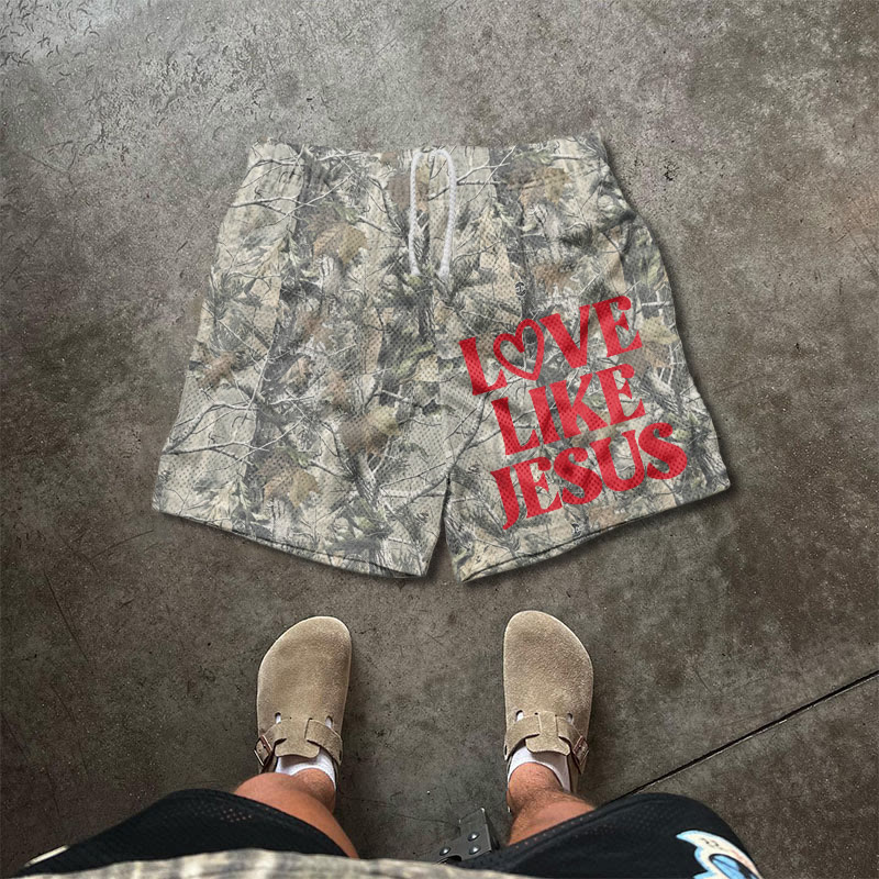 Love Like Jesus Camo Valentine's Day Print Mesh Shorts - Red - 5XL - image 1