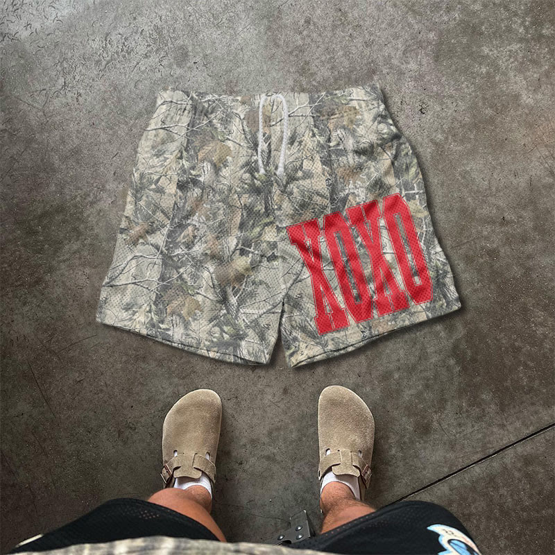 Xoxo Camo Valentine's Day Print Mesh Shorts - Red - 5XL - image 1