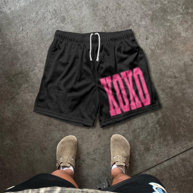 Xoxo Valentine's Day Print Mesh Shorts - Black - 5XL - image 3
