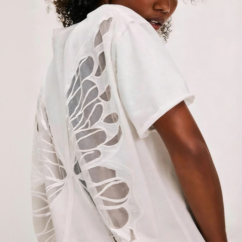 Solid Color Hollow Out Mesh Patchwork Butterfly Short Sleeve T-Shirt - White - 3XL - image 2