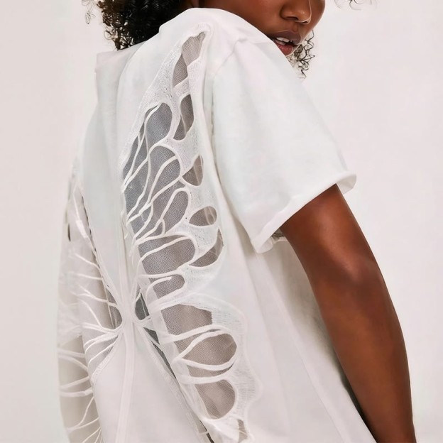 Solid Color Hollow Out Mesh Patchwork Butterfly Short Sleeve T-Shirt - White - 3XL - image 2