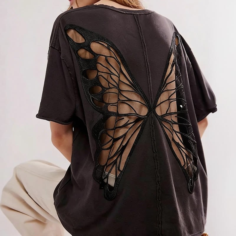 Solid Color Hollow Out Mesh Patchwork Butterfly Short Sleeve T-Shirt - Black - 3XL - image 1