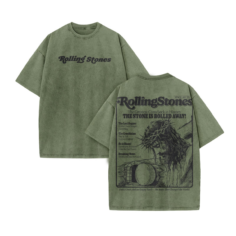 Rolling Stones The Stone Is Rolled Away Print Acid Washed T-shirt - Army Green - US20-22(3XL) - image 7