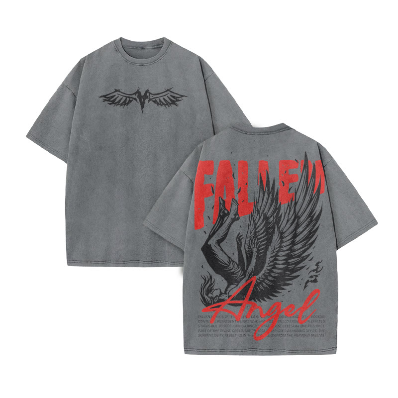 Fallen Angel Print Acid Washed T-shirt - Grey - US20-22(3XL) - image 2