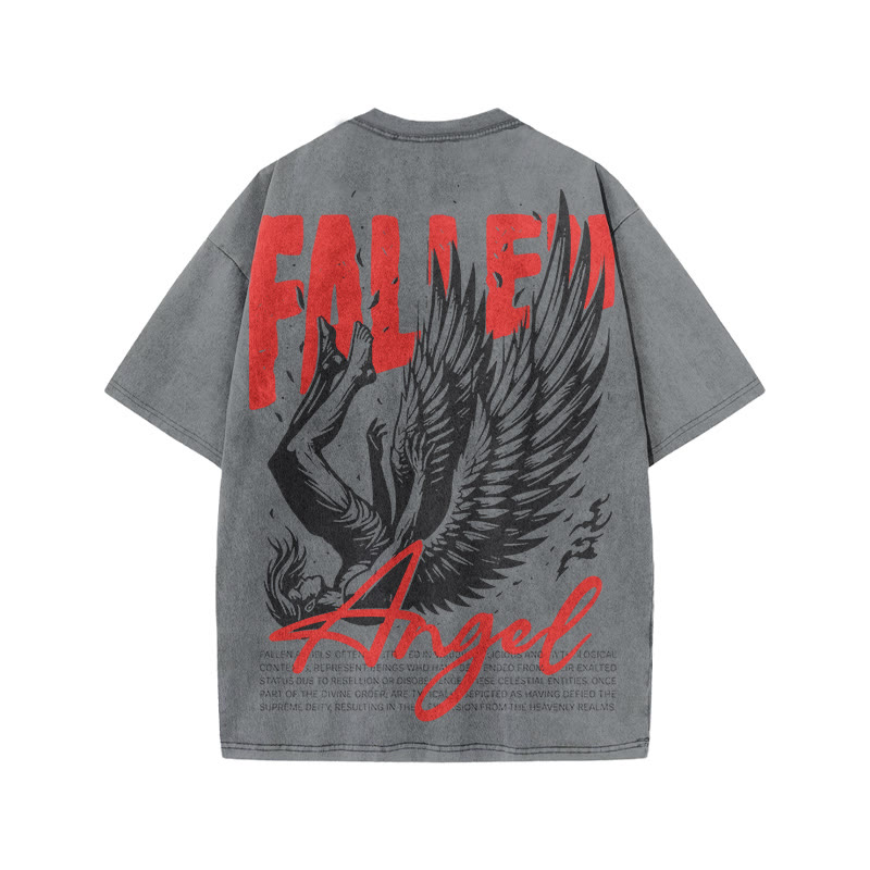 Fallen Angel Print Acid Washed T-shirt - image 1