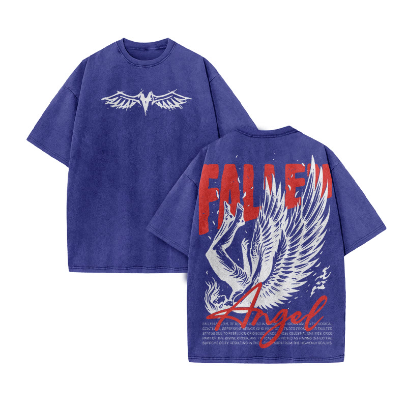 Fallen Angel Print Acid Washed T-shirt - Blue - US20-22(3XL) - image 8