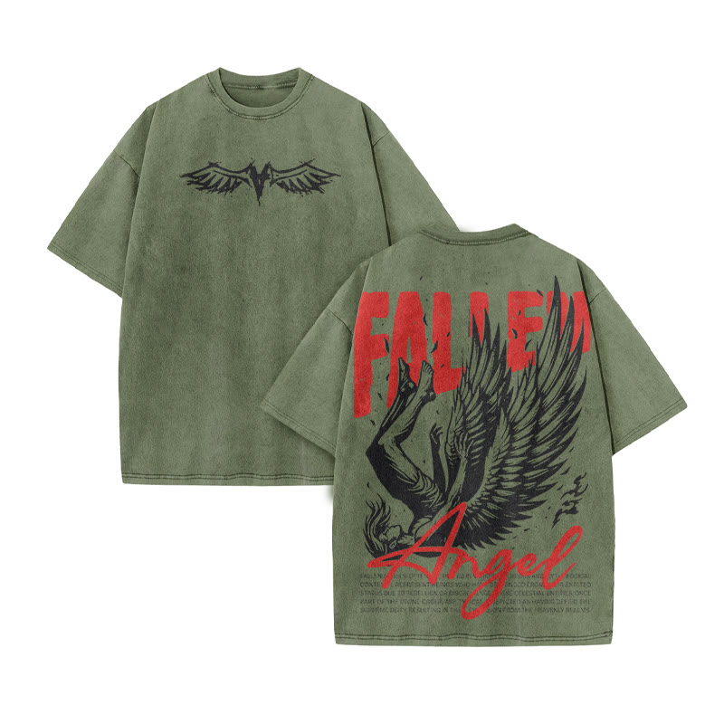 Fallen Angel Print Acid Washed T-shirt - Army Green - US20-22(3XL) - image 7
