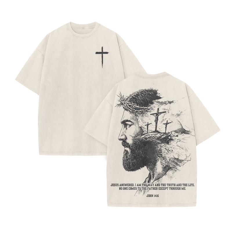 Jesus Answered, I Am The Way And The Truth And The Life Print Acid Washed T-shirt - Beige - US20-22(3XL) - image 3