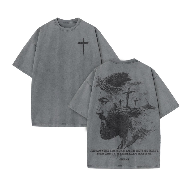 Jesus Answered, I Am The Way And The Truth And The Life Print Acid Washed T-shirt - Grey - US20-22(3XL) - image 2