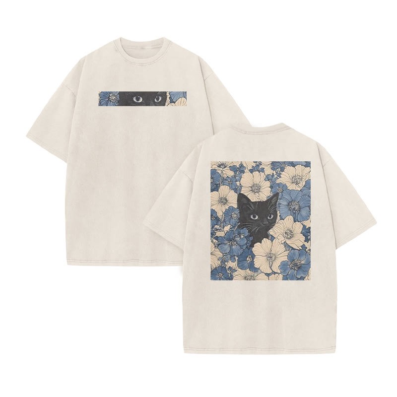 Black Cat In A Patchwork Flower Field Print Acid Washed T-shirt - Beige - US20-22(3XL) - image 3