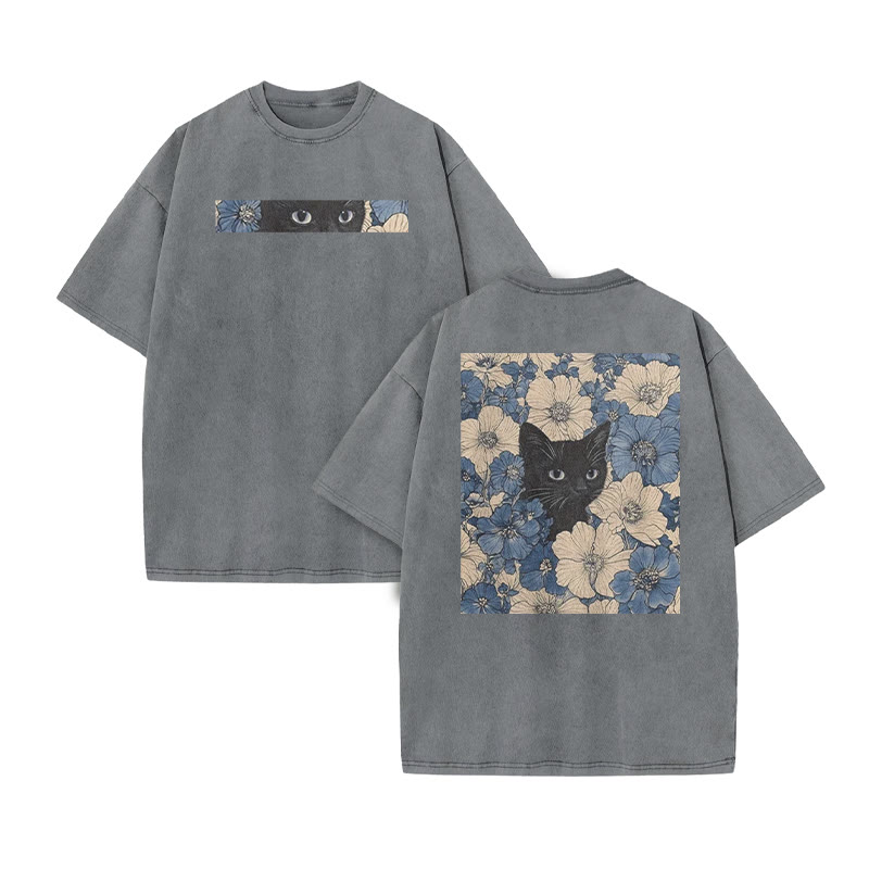 Black Cat In A Patchwork Flower Field Print Acid Washed T-shirt - Grey - US20-22(3XL) - image 4