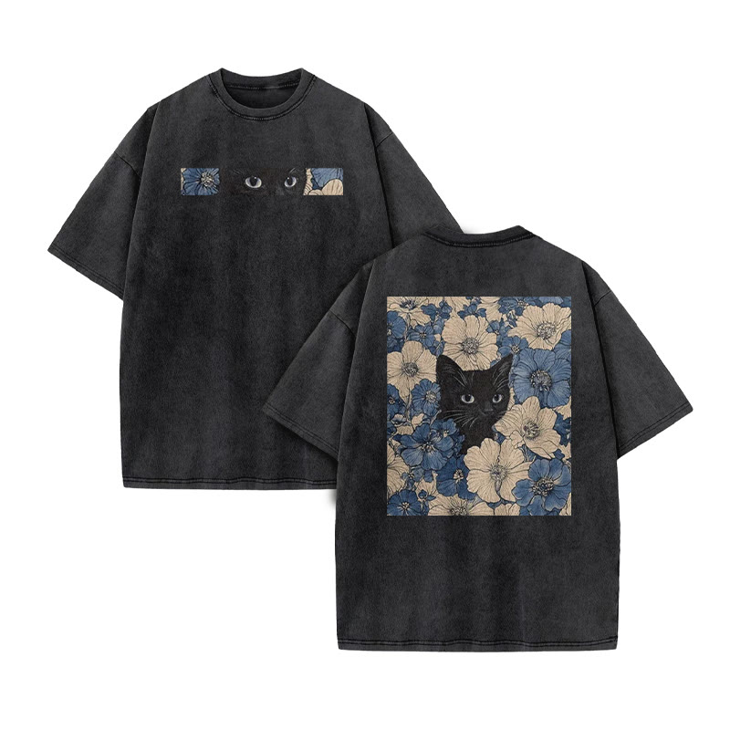 Black Cat In A Patchwork Flower Field Print Acid Washed T-shirt - Black - US20-22(3XL) - image 2