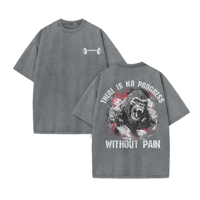 100% Cotton There's No Progress Without Pain Gym Print Acid Washed T-shirt - Grey - US20-22(3XL) - image 7