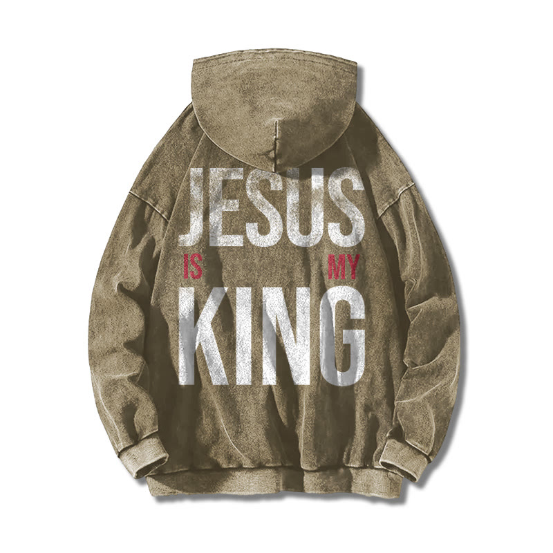 Jesus Is My King Distressed Printed Washed Hoodie  - Khaki - US16-18(2XL) - image 2