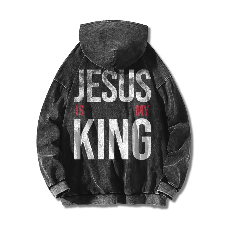Jesus Is My King Distressed Printed Washed Hoodie  - Black - US16-18(2XL) - image 1