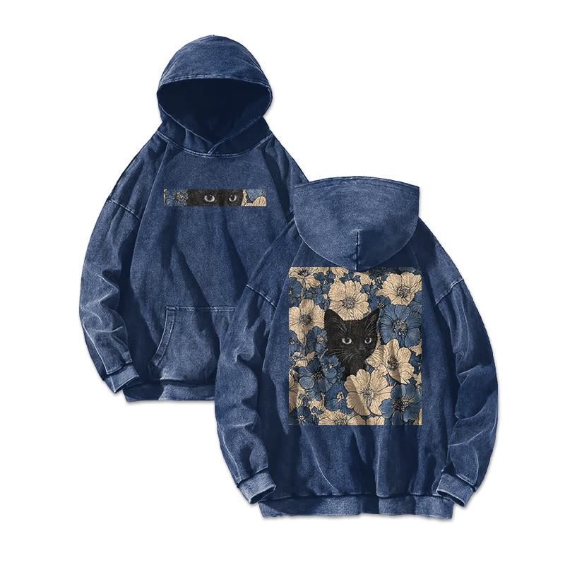 Black Cat In A Patchwork Flower Field Printed Washed Hoodie - Blue - US16-18(2XL) - image 3