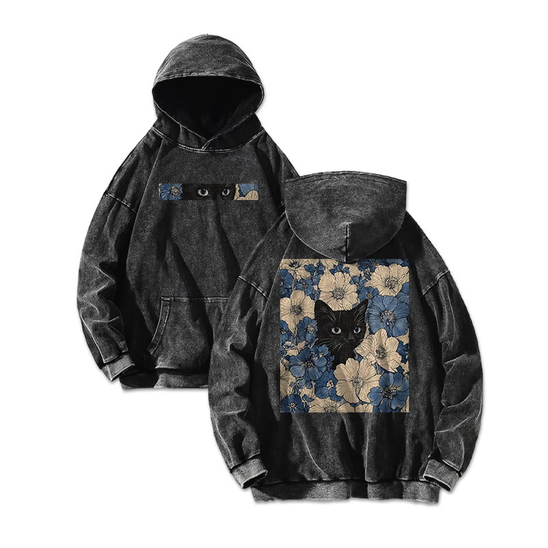 Black Cat In A Patchwork Flower Field Printed Washed Hoodie  - Black - US16-18(2XL) - image 2