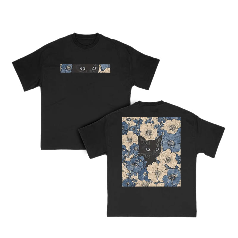 Black Cat In A Patchwork Flower Field Print T-shirt - Black - US16-18(2XL) - image 2
