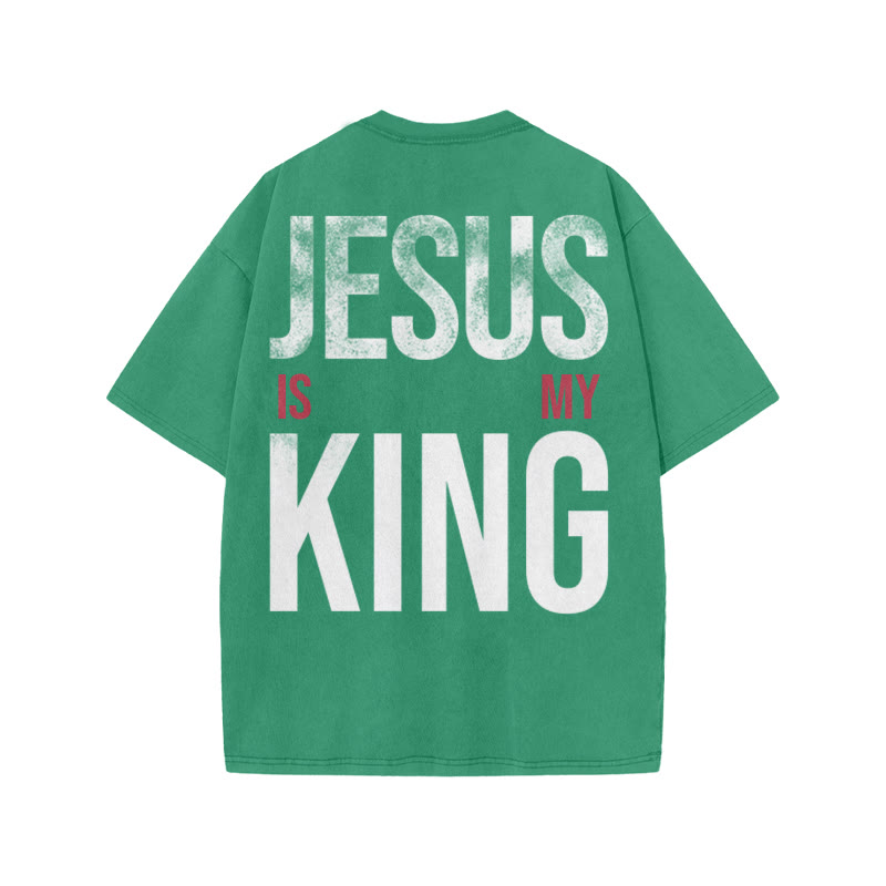 Jesus Is My King Distressed Print Acid Washed T-shirt - Green - US20-22(3XL) - image 5