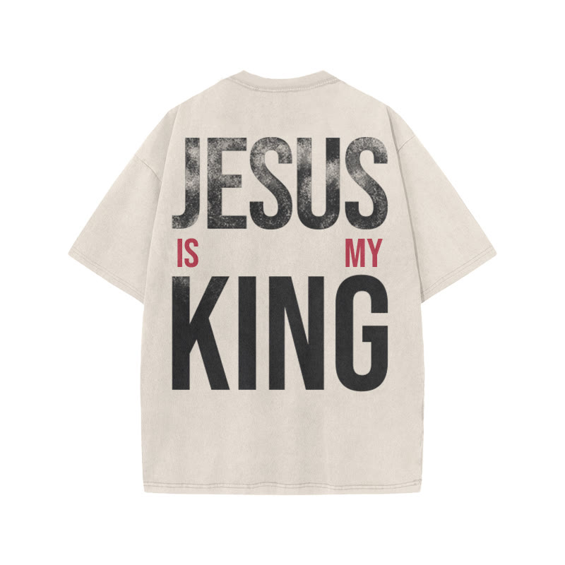 Jesus Is My King Distressed Print Acid Washed T-shirt - Beige - US20-22(3XL) - image 2