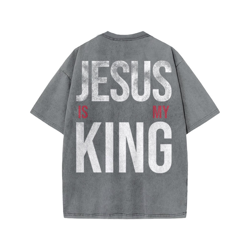 Jesus Is My King Distressed Print Acid Washed T-shirt - Grey - US20-22(3XL) - image 3